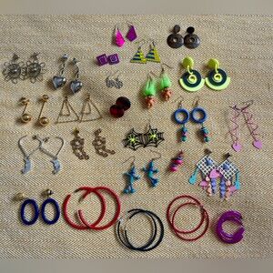 Vintage 80s/90s Earring Lot – 25 Pairs – Trolls, Hoops, Novelty, Retro